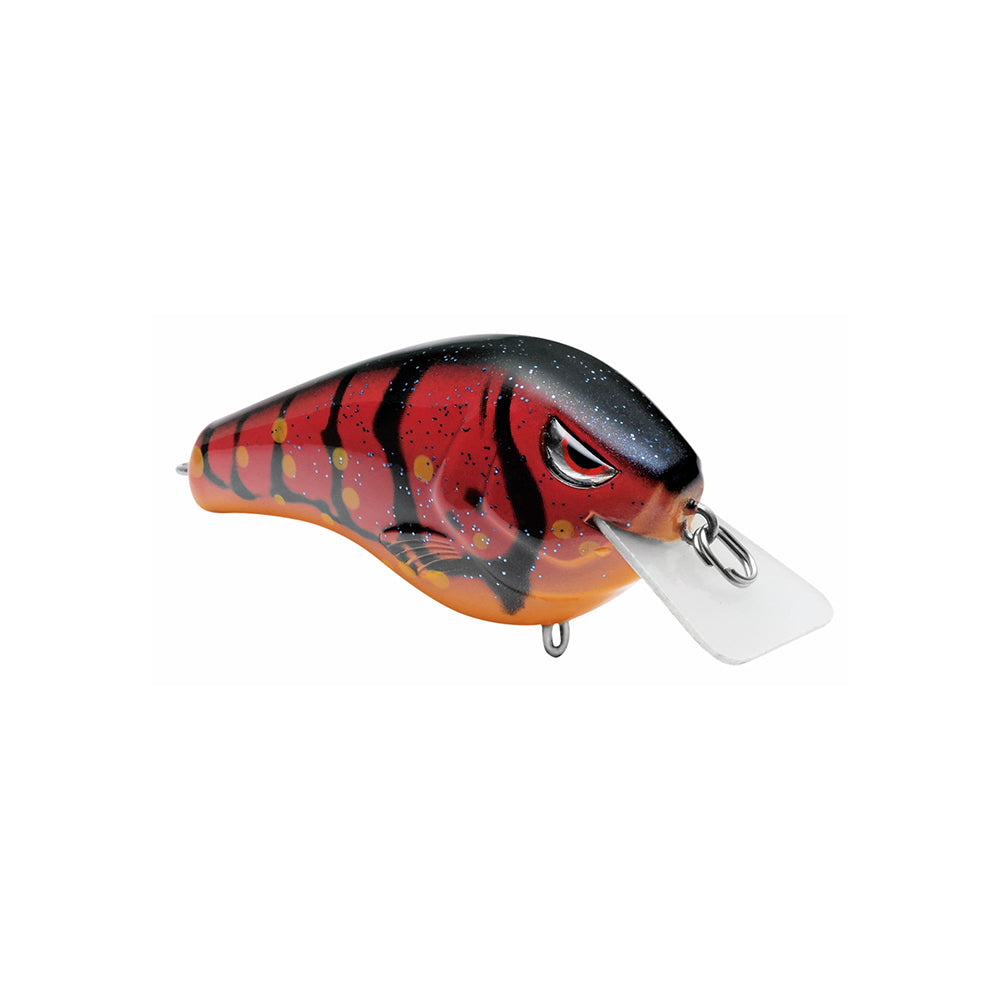 The Spro Fat Papa Squarebill Crankbait by SPRO is a red and black fishing lure with a shiny speckled finish, featuring stripes, spots, and a clear flat lip for diving. It includes Gamakatsu Treble Hooks with metal loops on top and bottom for line attachment.