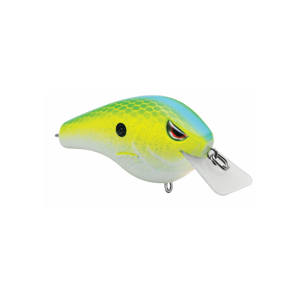 Endorsed by Russ Lane, the SPRO Fat Papa Squarebill Crankbait features a rounded body with a green-to-yellow gradient, blue accents, piercing red eyes, Gamakatsu Treble Hooks, and a clear plastic lip for an unmatched fishing experience.