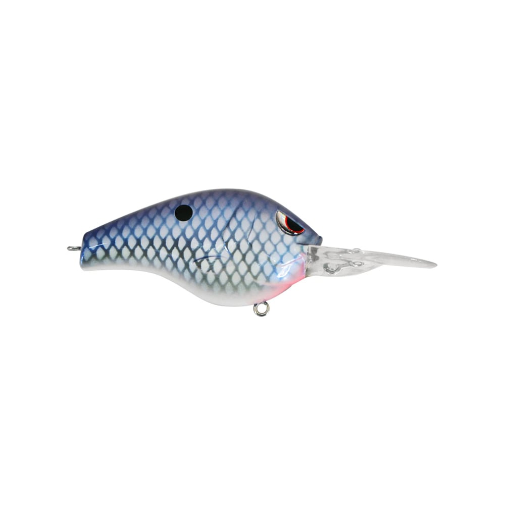 The SPRO Fat Papa 70 Crankbait is a plastic lure with a blue and white scale pattern, red and black eyes, and a transparent diving lip. It features Gamakatsu treble hooks and an attachment loop for easy use.