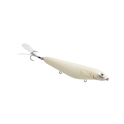 The SPRO Fat Papa Walker 130 is a topwater lure ideal for bass fishing, featuring a sleek white finish, realistic fish shape with a feathery tail, and two sharp treble hooks for maximum catch potential.