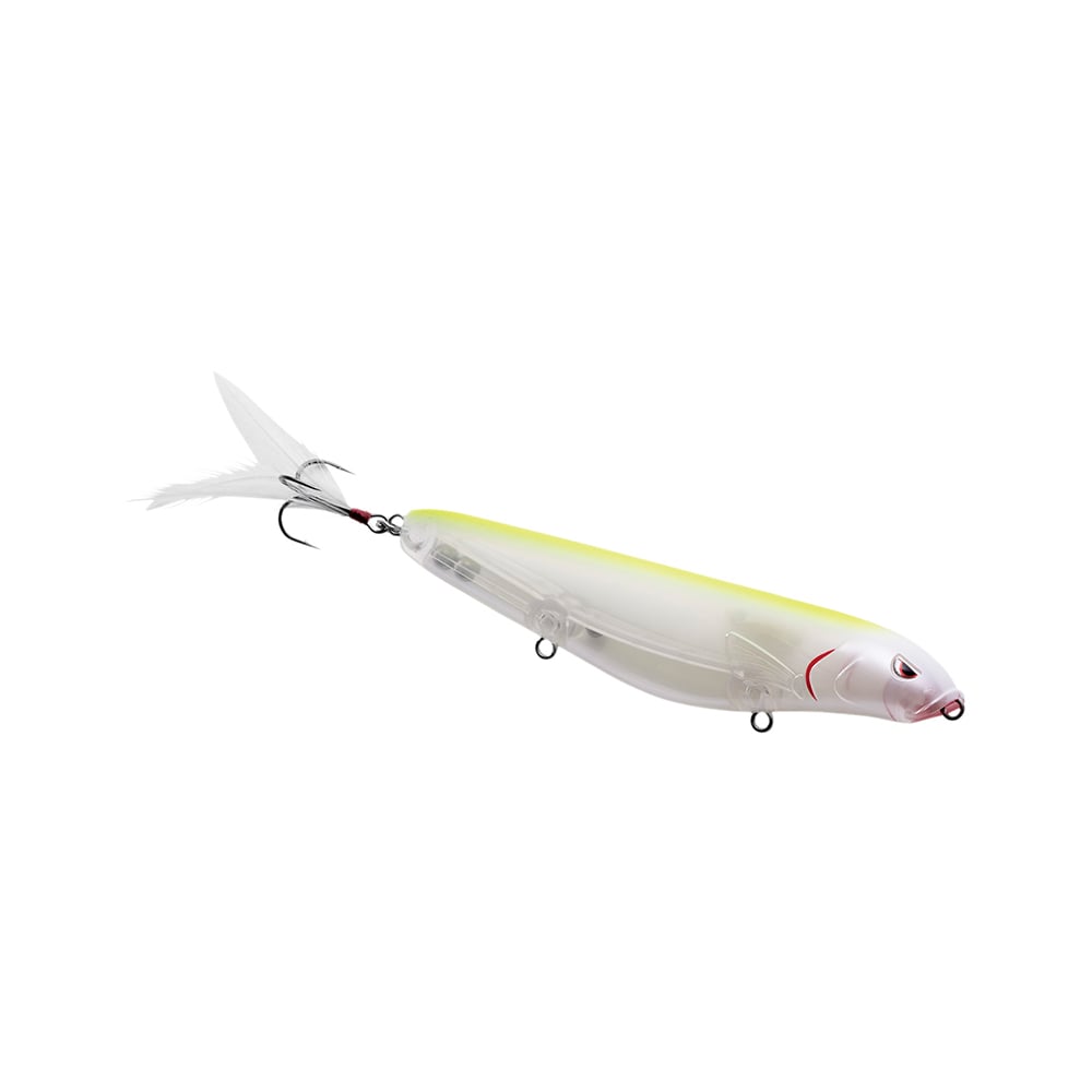 The SPRO Fat Papa Walker 130 is a translucent topwater fishing lure for bass, with a yellow stripe, realistic eye, and red accent near the head. It features two treble hooks and a feathery tail on the back hook.