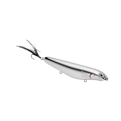 The SPRO Fat Papa Walker 130 is a silver, fish-shaped topwater bass fishing lure featuring a reflective body, feathered tail, detailed head design with red mouth accents, and hooks below and at the back against a plain white backdrop.