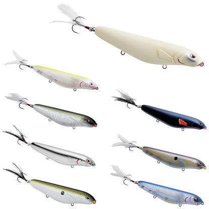 The SPRO Fat Papa Walker 130 is a set of eight colorful fishing lures with segmented bodies, treble hooks, and feather accents. Ideal for topwater bass fishing, these lures come in shades of white, black, blue, green, silver, and yellow.