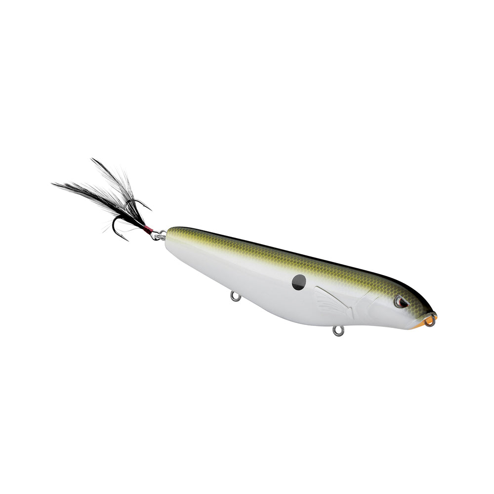 Meet the Spro Fat Papa Walker 130 by SPRO, an expertly crafted topwater lure ideal for bass fishing. It mimics a fish with its silver body, yellow-green top, and distinctive black spot. Featuring a feathered tail hook and two metal attachment loops, it's built for successful catches.