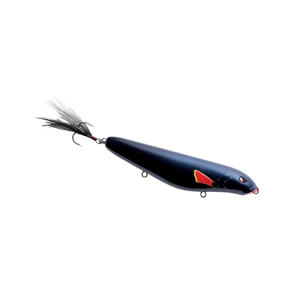 The SPRO Fat Papa Walker 130 is a black fish-shaped fishing lure with a red eye and yellow fin detail, designed for bass fishing. It features a feathery tail and metal rings for hooks underneath, perfect for topwater action against a plain white background.