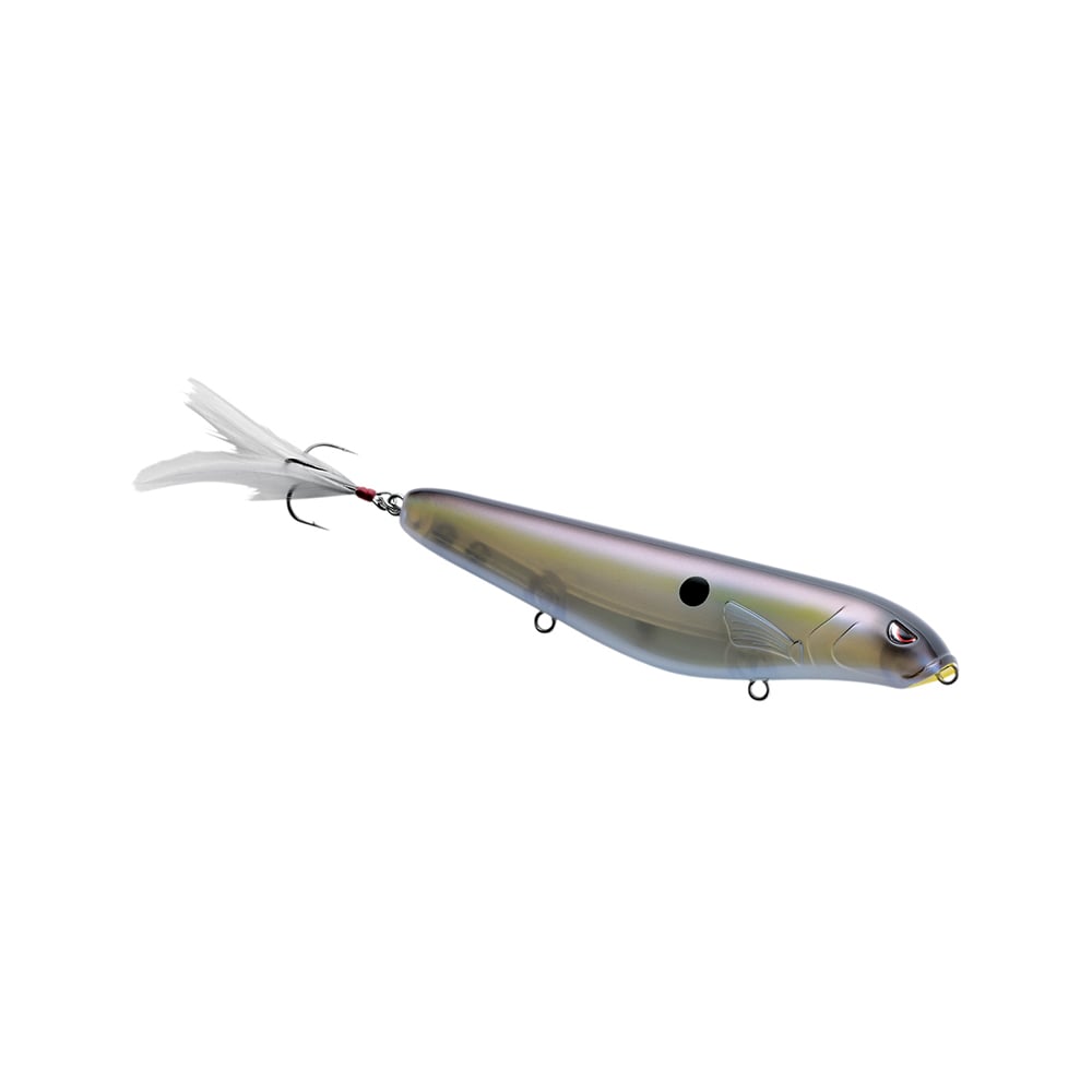 The Spro Fat Papa Walker 130 by SPRO is a realistic, fish-shaped topwater fishing lure designed for bass. It features a metallic finish, reflective body, detailed fins, and a feathered tail with two treble hooks to mimic the look of a small fish.