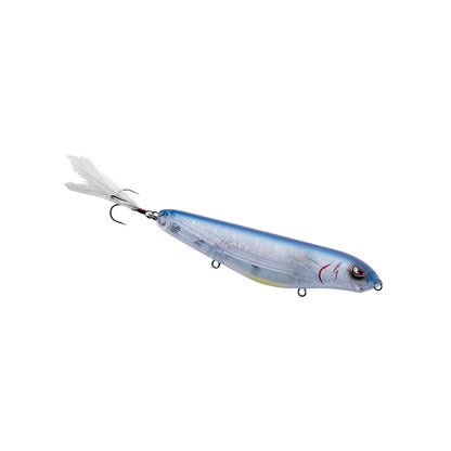 Introducing the SPRO Fat Papa Walker 130, a translucent blue bass fishing lure designed to mimic a small fish. With realistic eyes, feathered tail hooks, metallic accents, and two treble hooks underneath, this topwater marvel ensures a prime catch every time.