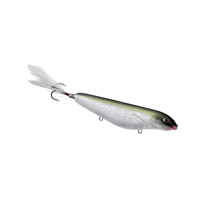 The SPRO Fat Papa Walker 130 is a realistic fish-shaped lure ideal for bass fishing, featuring a glossy green and white body with two treble hooks. The tail has white feathery accents, making it excellent for topwater action.