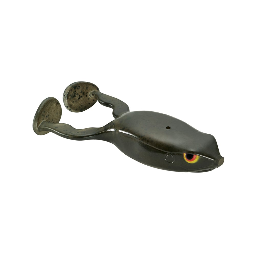 Introducing the SPRO Flappin Frog 65, a topwater fishing lure with prominent eyes and dual paddle-like legs. Equipped with a Gamakatsu Nano-Coated Superline Double Frog Hook, this green lure adorned with black speckles convincingly mimics a real frog to entice your catch.