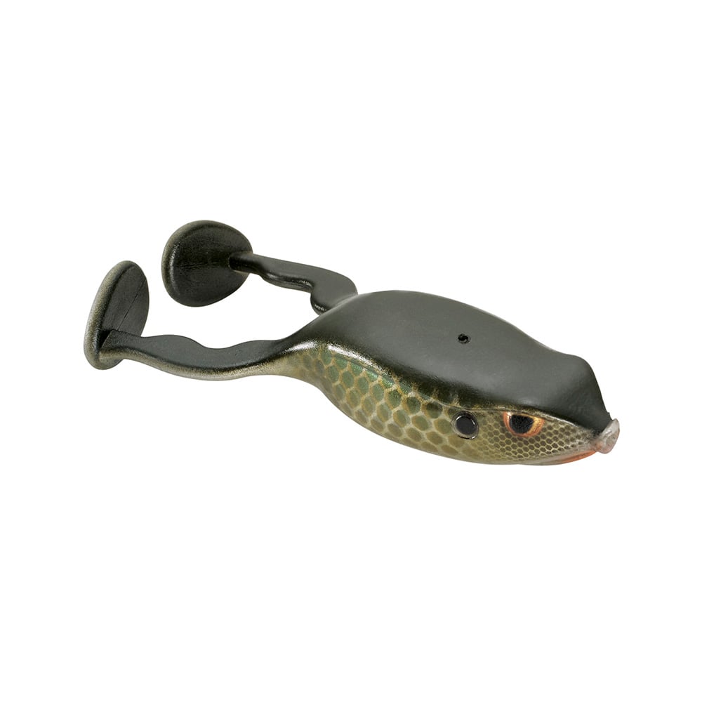 The Spro Flappin Frog 65 by SPRO is a lifelike frog-shaped fishing lure adorned with textured green and brown scales. It features prominent eyes and two flexible, paddle-shaped legs, meticulously crafted to emulate a swimming frog. For optimal topwater action, it comes equipped with a Gamakatsu Nano-Coated Superline Double Frog Hook.