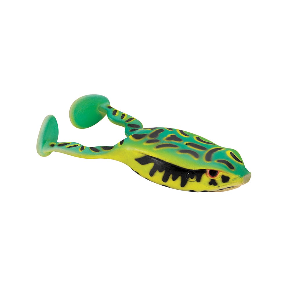 The SPRO Spro Flappin Frog 65 is a lifelike fishing lure shaped like a frog in realistic green and yellow with black markings and two paddle-shaped legs. Its topwater design includes a Gamakatsu Nano-Coated Superline Double Frog Hook, ensuring vibrant colors that mimic a natural frog to attract fish effectively.