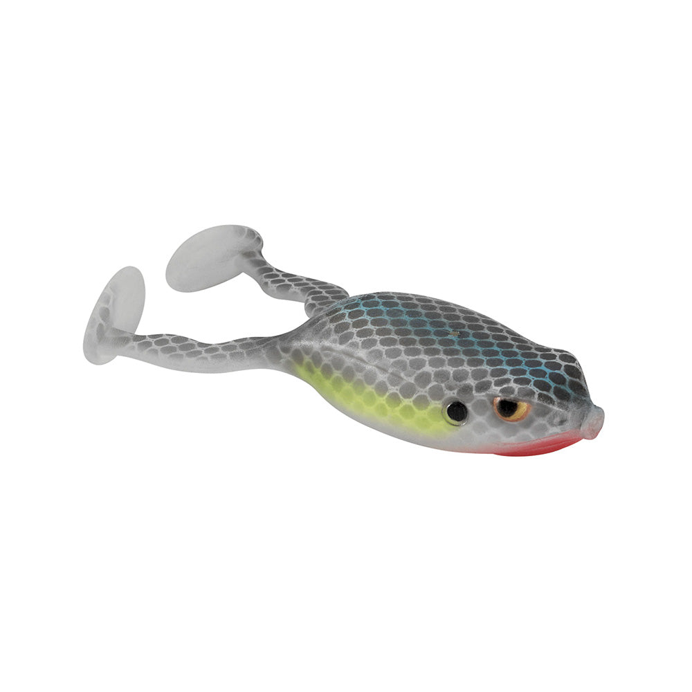 Introducing the Spro Flappin Frog 65 by SPRO, a topwater fishing lure designed with a realistic frog shape and a textured, multicolored body featuring grey, yellow, and red accents. It features lifelike legs that mimic frog movements and is equipped with a Gamakatsu Nano-Coated Superline Double Frog Hook for optimal performance.