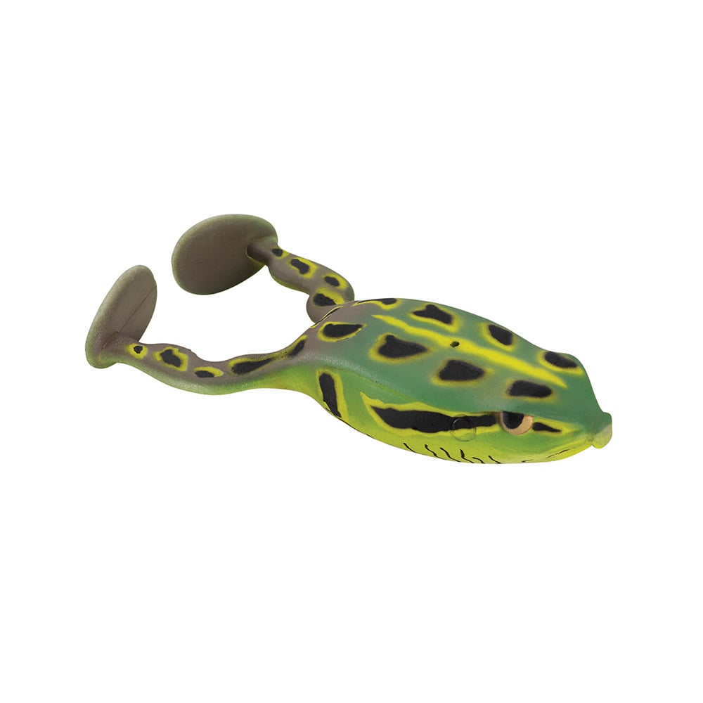 The Spro Flappin Frog 65 by SPRO is a topwater fishing lure featuring a lifelike green and yellow design with dark spots and dual curved rubber tail ends. Its soft, vibrant body resembles a frog to attract fish easily, and it comes equipped with the Gamakatsu Nano-Coated Superline Double Frog Hook for optimal performance.