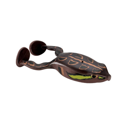 The Spro Flappin Frog 65, crafted by SPRO, features a realistic brown and green design with spot and eye markings ideal for topwater fishing. It is equipped with a Gamakatsu Nano-Coated Superline Double Frog Hook and two prominent hooks at the back, all set against a simple white background.