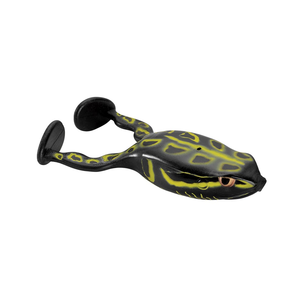 Introducing the SPRO Flappin Frog 65, a lifelike fishing lure featuring a black and green pattern to mimic a real frog. Equipped with a Gamakatsu Nano-Coated Superline Double Frog Hook, it includes two flexible legs and realistic eye details, making it ideal for topwater action.