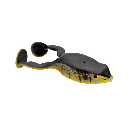 The Spro Flappin Frog 65 by SPRO is a top-tier black and yellow, frog-shaped fishing lure designed for topwater fishing. It boasts a realistic design with a textured, scale-like body, detailed eyes, and a bulbous tail. The Gamakatsu Nano-Coated Superline Double Frog Hook provides reliable catch security.