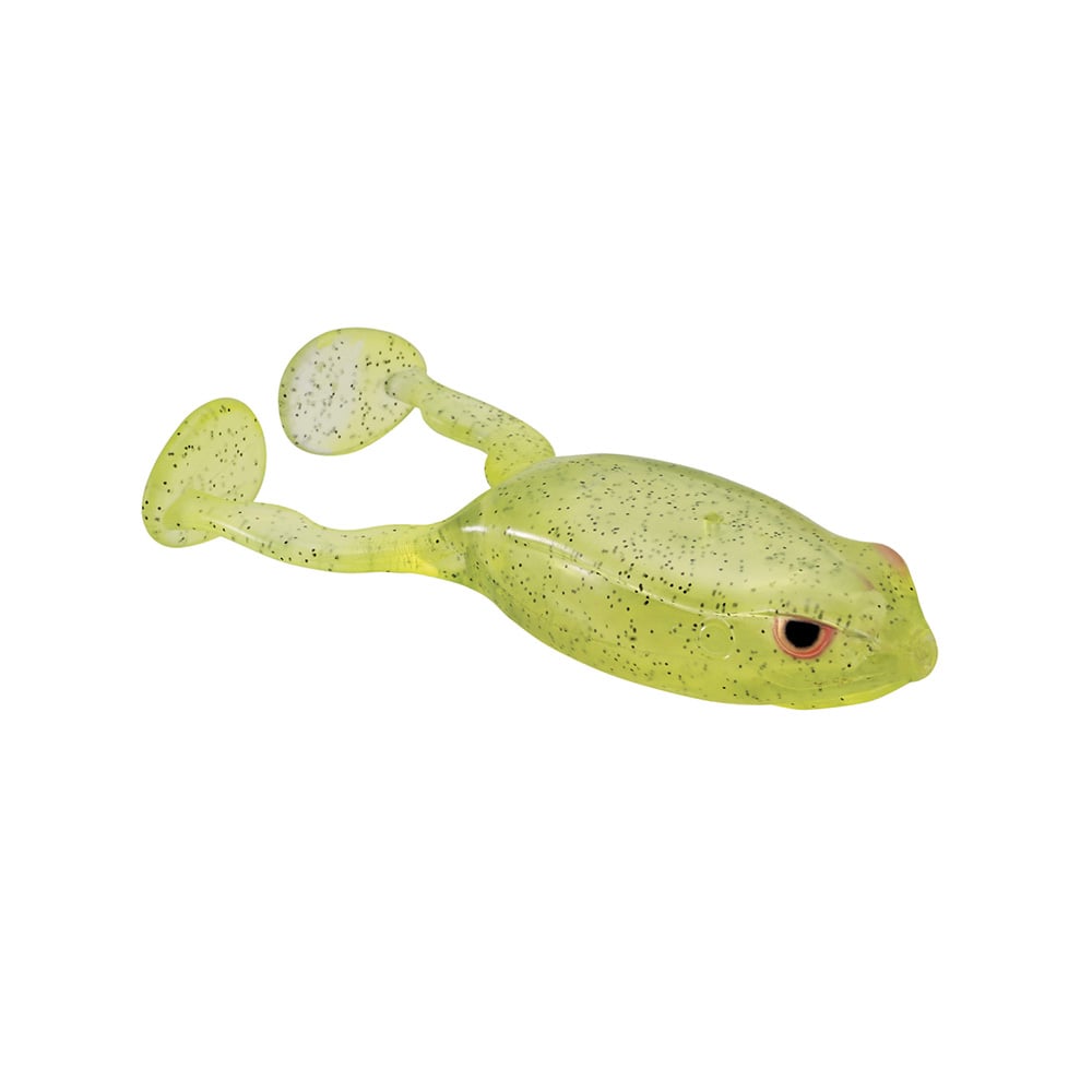 The SPRO Flappin Frog 65 is a soft plastic fishing lure designed to resemble a frog, characterized by its light green color with dark speckles. It features two paddle-like legs for improved movement, making it ideal for topwater fishing and pairs perfectly with the Gamakatsu Nano-Coated Superline Double Frog Hook.