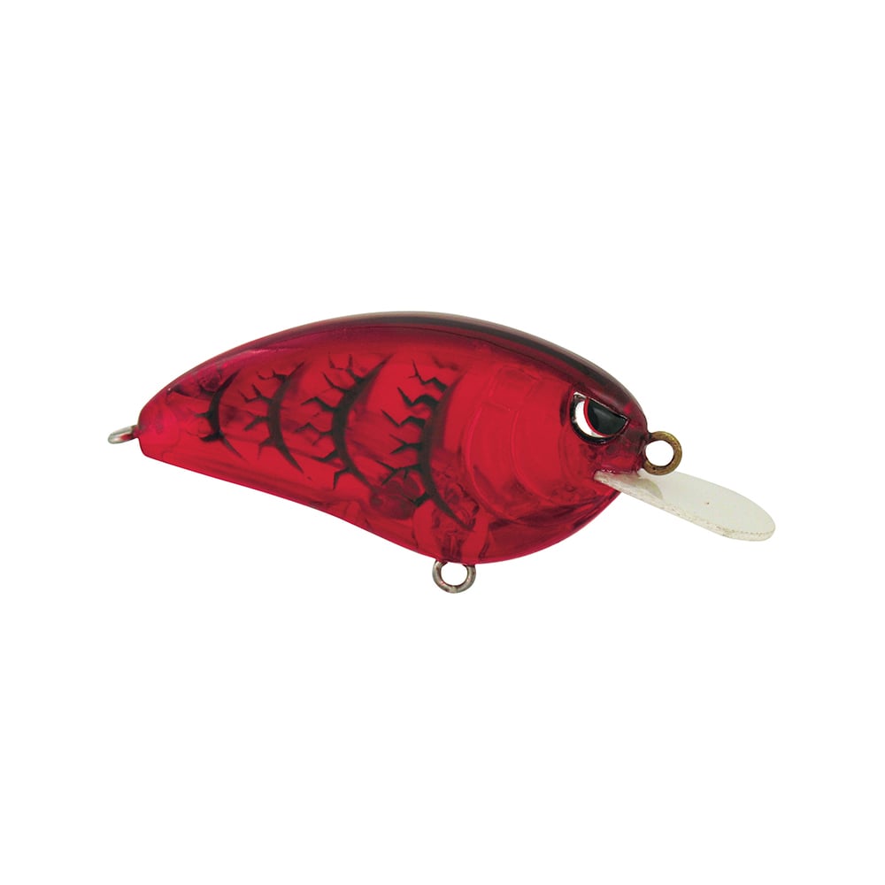 The Spro Little John 50 Crankbaits by SPRO is a red, fish-shaped lure featuring black detailing and a transparent lip, making it ideal for fishing. It comes with handy loops for line attachment and is designed with black streak patterns that mimic fish scales. Outfitted with Gamakatsu treble hooks, this crankbait guarantees reliable hook sets each time.