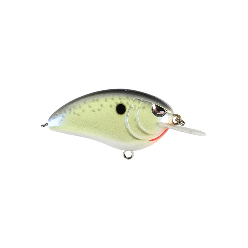 A detailed view of the SPRO Little John 50 Crankbaits highlights its greenish body adorned with black spots and a metallic silver sheen. This lure is equipped with a clear plastic diving lip and an eyelet for straightforward line attachment, finished off with razor-sharp Gamakatsu treble hooks for maximum catch efficiency.