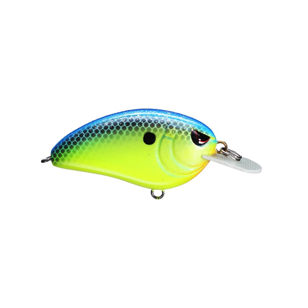 Introducing the SPRO Little John 50 Crankbaits, featuring a vibrant gradient design of blue, green, and yellow adorned with black spots. Complete with a shiny eye and a metal attachment loop on the front for easy connection to your fishing line, this crankbait offers optimal performance thanks to its Gamakatsu trebles for accurate hooking.