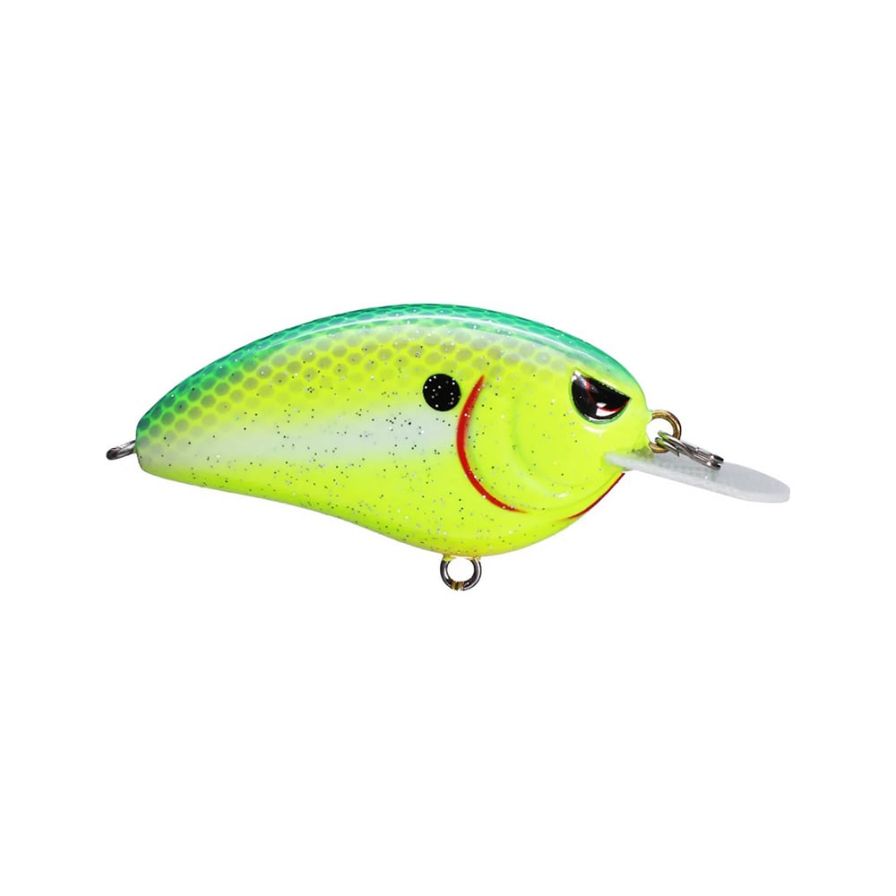 The Spro Little John 50 Crankbaits from SPRO is a vibrant lure with a green and yellow gradient body, detailed with small scales, and equipped with a white plastic lip for diving. It features Gamakatsu treble hooks, a black eye, and has a red marking near the gill area to attract fish.