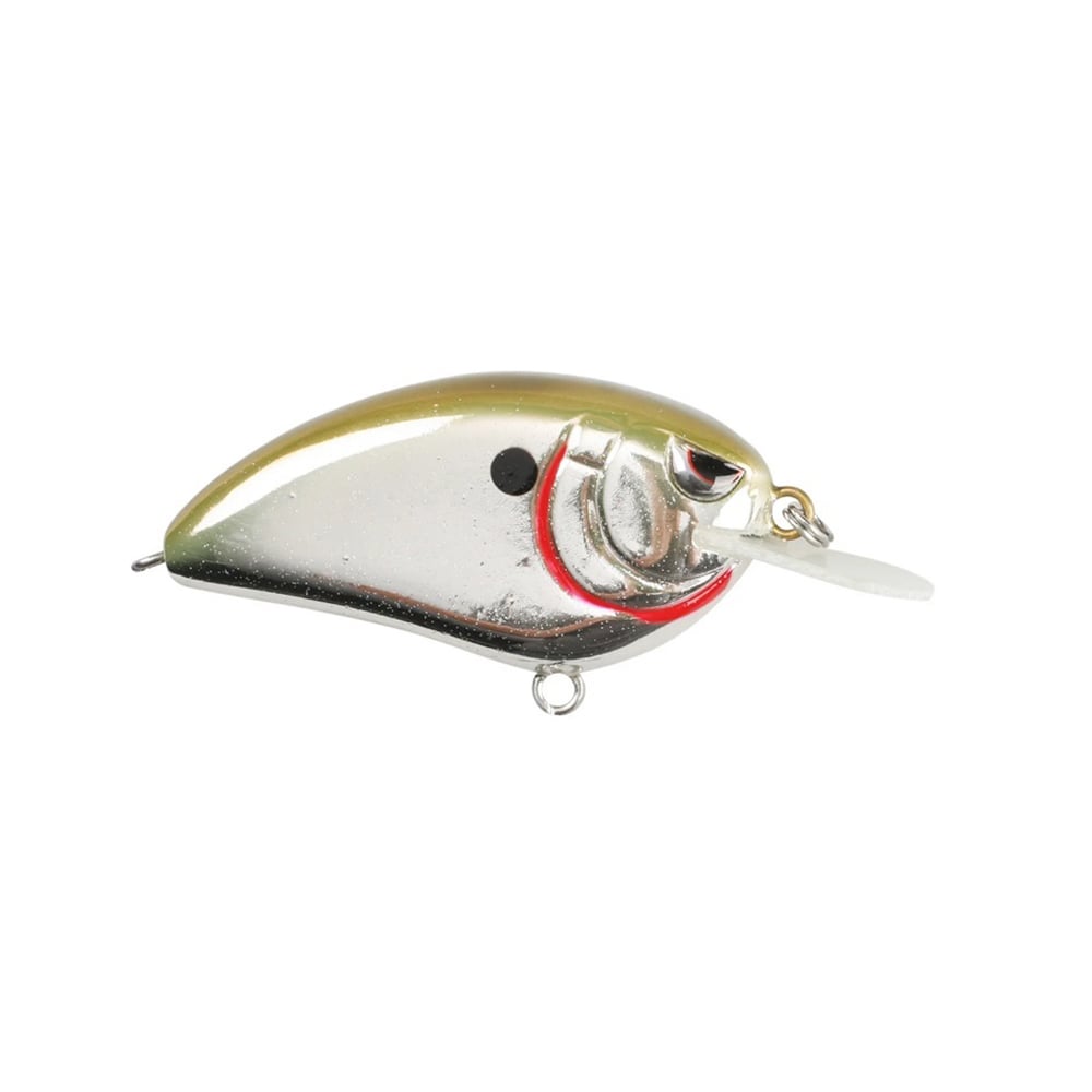 The SPRO Little John 50 Crankbaits features a metallic silver and olive design accented with red near the face, a black dot on the side, and a transparent lip for diving. It is equipped with Gamakatsu trebles and incorporates a silent weight transfer system to improve casting accuracy.