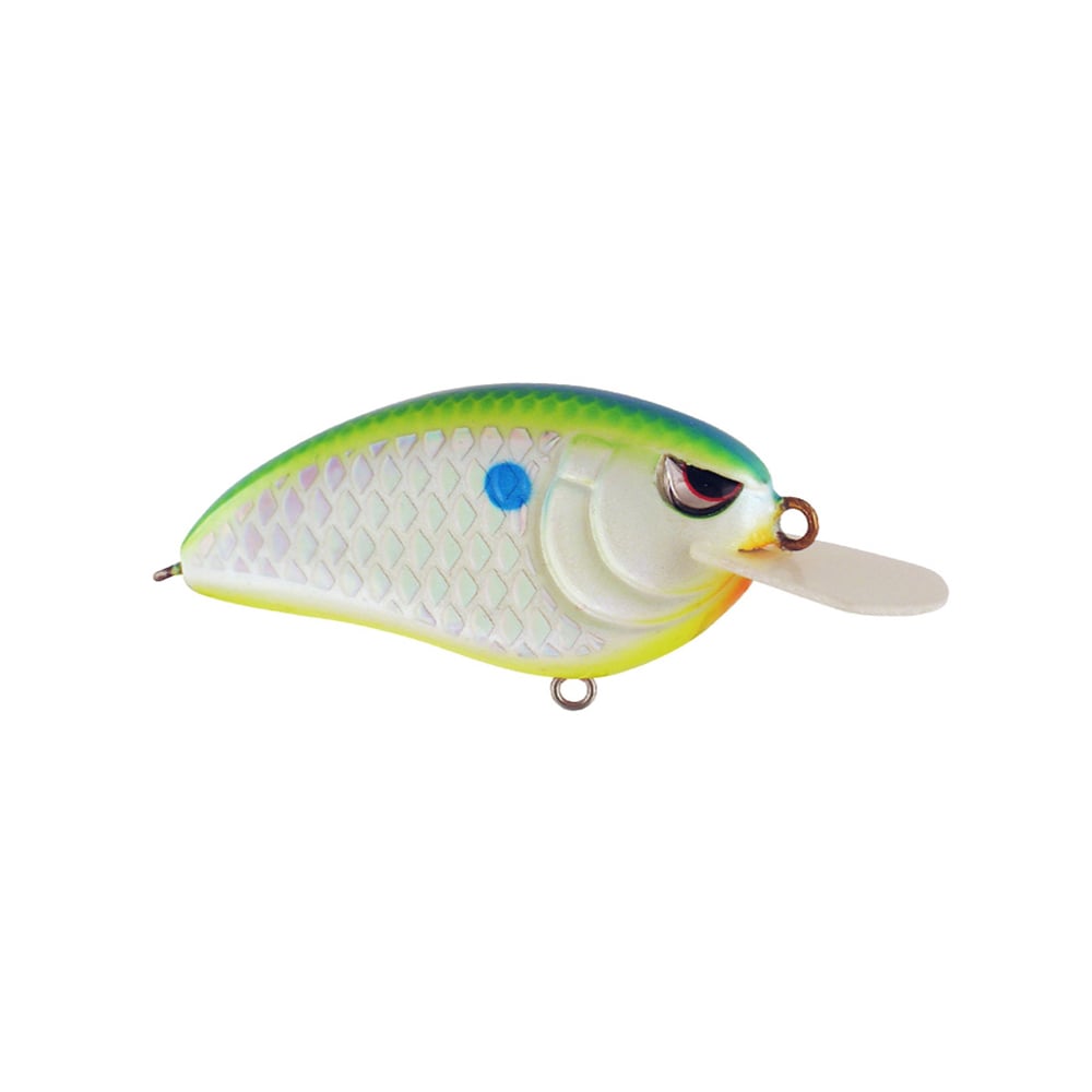 This SPRO Little John 50 crankbait is a vibrant fishing lure resembling a small fish, boasting a green and yellow back, a white scaled body accented by a blue dot, and a white lip on the front. It includes two small metal loops designed for attaching Gamakatsu trebles or line.