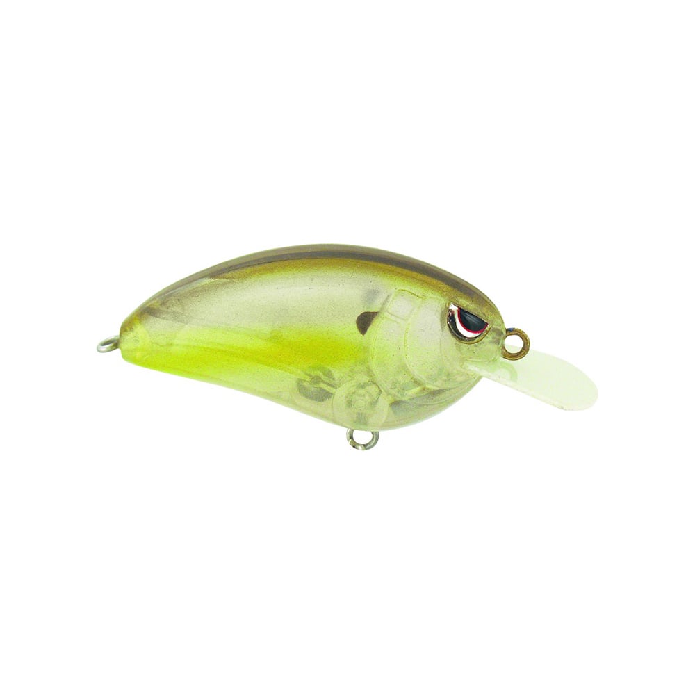 A Spro Little John 50 Crankbait in translucent green and yellow, with a small diving lip, detailed eye design, and metal loops suitable for attaching Gamakatsu trebles. The lure is showcased against a plain white background.