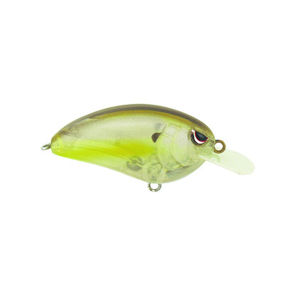 A Spro Little John 50 Crankbait in translucent green and yellow, with a small diving lip, detailed eye design, and metal loops suitable for attaching Gamakatsu trebles. The lure is showcased against a plain white background.