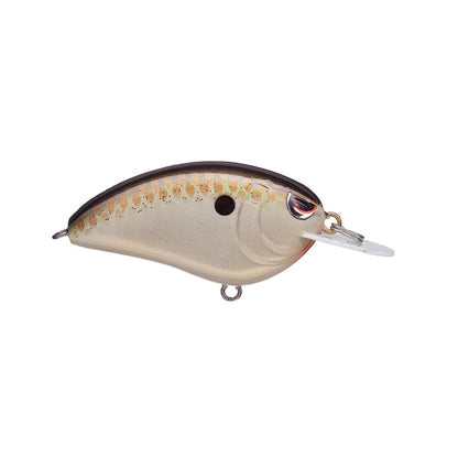 The SPRO Little John 50 Crankbait is a lifelike fish-shaped lure with a cream and brown body, accented by orange spots along its side and a black dot near the head. It is equipped with Gamakatsu treble hooks and features a transparent plastic lip for diving.