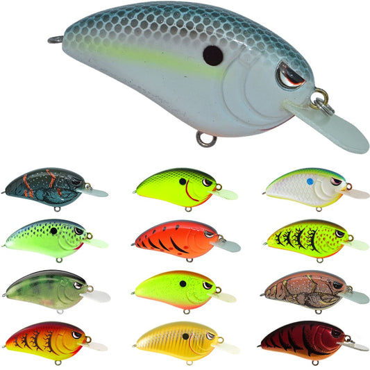 A set of twelve Spro Little John 50 Crankbaits arranged in rows, showcasing vibrant patterns including blue, green, orange, and yellow. These SPRO crankbaits mimic fish scales and eyes with attached hooks. Some lures come with Gamakatsu trebles for superior performance.