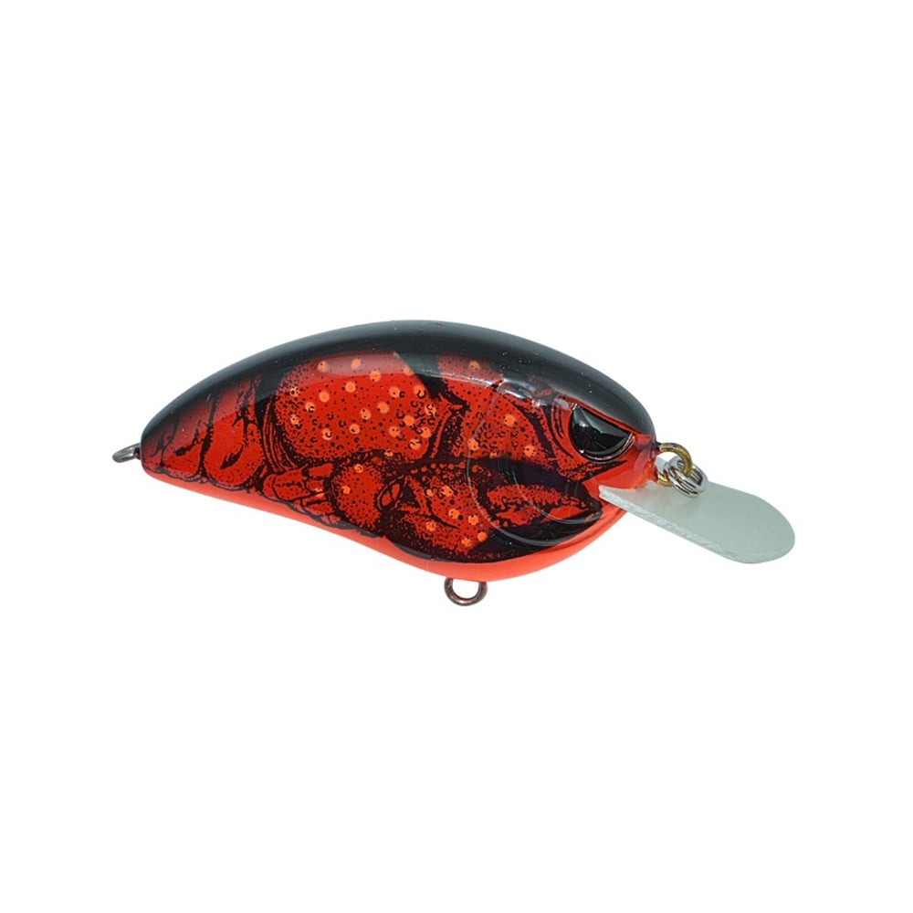 Introducing the Spro Little John 50 Crankbaits by SPRO: This vivid fishing lure is designed in striking red and black with an intricate crawfish pattern. It features a polished diving lip at the front and is armed with reliable Gamakatsu treble hooks. Additionally, it boasts a silent weight transfer system, along with a single hook attachment point on the bottom, making it ideal for effective fishing applications.