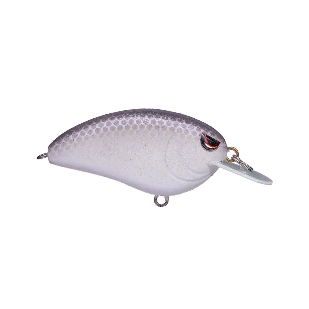 On a pristine white background, the SPRO Little John 50 Crankbaits bring to life a gray fishing lure adorned with a subtle scale pattern, red eyes, and a silver hook attachment.