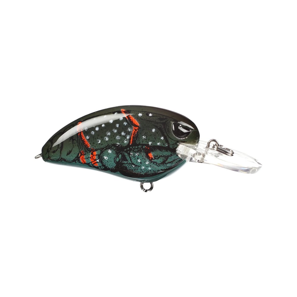 The SPRO Little John MD Crankbait boasts a dark, glossy body with silver speckles and bright red accents. It features Gamakatsu treble hooks and a transparent, spoon-shaped lip for medium diving, crafted to entice elusive catches.