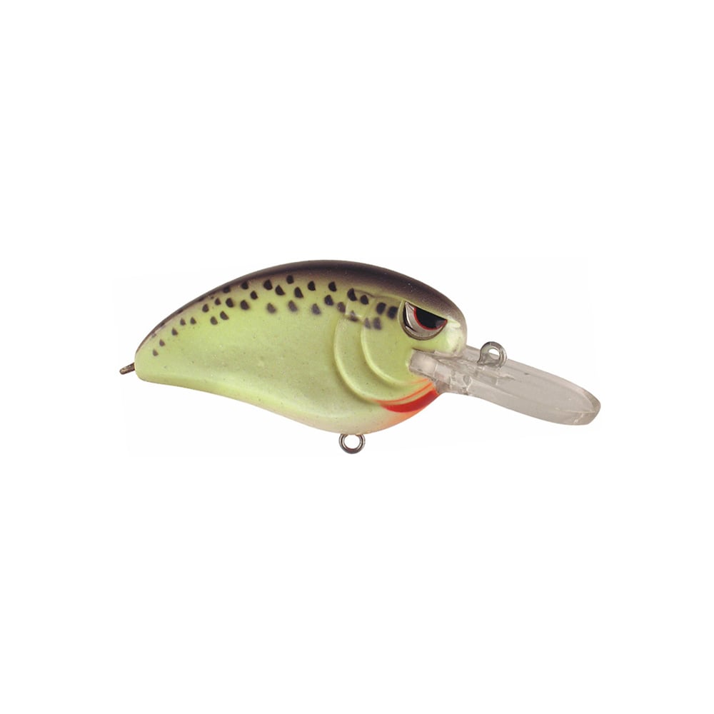 The SPRO Little John MD Crankbait is a fishing lure with a white backdrop, green and black speckles, Gamakatsu treble hooks, and a clear plastic bill. Its curved body resembles a small fish with an eye on one side and includes a loop for attaching to your line.