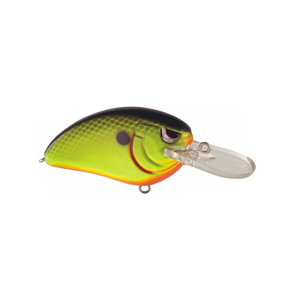 The SPRO Little John MD Crankbait mimics a small fish with a vibrant yellow and green body, black top, red accents, transparent diving lip, detailed scales, expressive large eye, and Gamakatsu treble hooks.