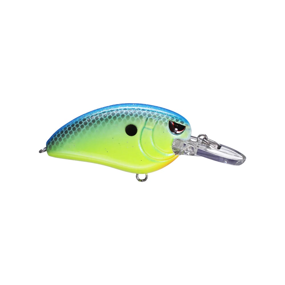 Introducing the SPRO Little John MD Crankbait: a multi-colored lure with a blue-green gradient body, black dot center, red and silver details near its transparent angled bill. It resembles a small fish and features sharp Gamakatsu treble hooks for top performance.