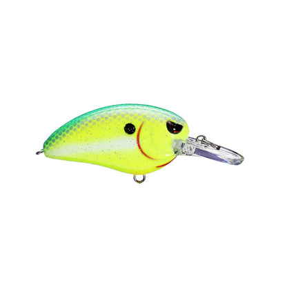 The SPRO Little John MD Crankbait features a bold green to yellow gradient body with black eyes and a red front marking. It includes Gamakatsu treble hooks, a clear plastic diving lip, and a metal attachment ring at the end.