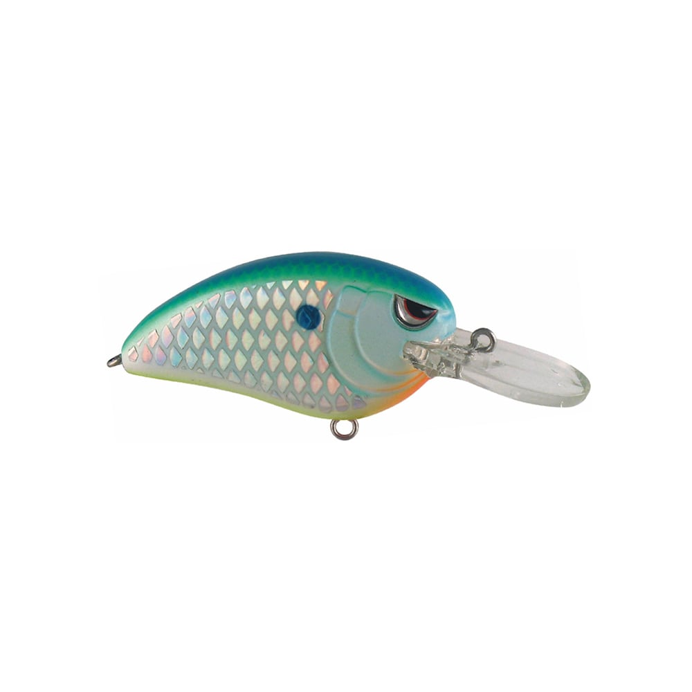 The SPRO Little John MD Crankbait boasts a vibrant blue and green top with a silver scale pattern and orange accent near the front. It features Gamakatsu treble hooks and a clear plastic lip, making it an ideal medium diver for your tackle box.