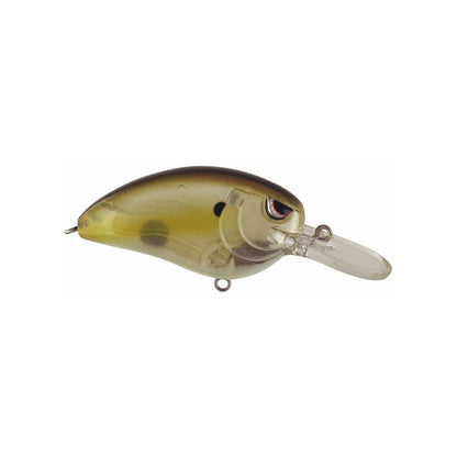 The Spro Little John MD Crankbaits by SPRO is a fishing lure featuring a transparent body with an olive green gradient top, clear plastic diving lip, small black side dot, metallic eyes resembling a small fish, and sharp Gamakatsu treble hooks.