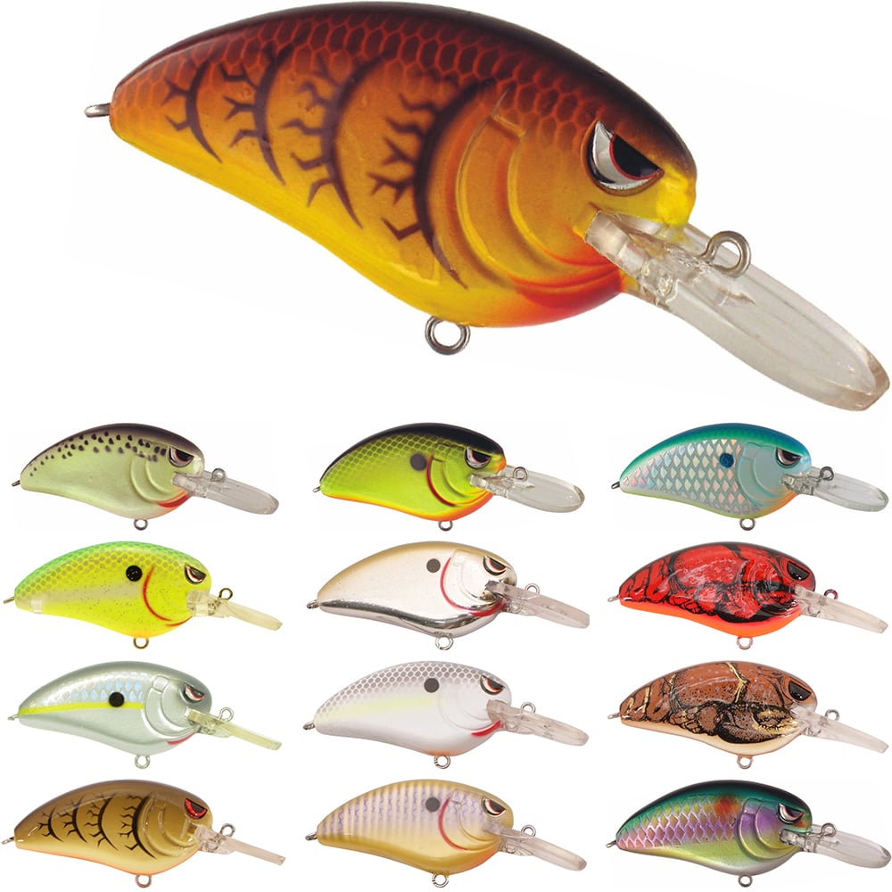 A dozen SPRO Little John MD Crankbaits, equipped with Gamakatsu treble hooks, are displayed in rows. These lures mimic fish scales and eyes in vibrant orange, yellow, green, white, and blue. A standout medium diver crankbait in orange and yellow with black markings is especially eye-catching.