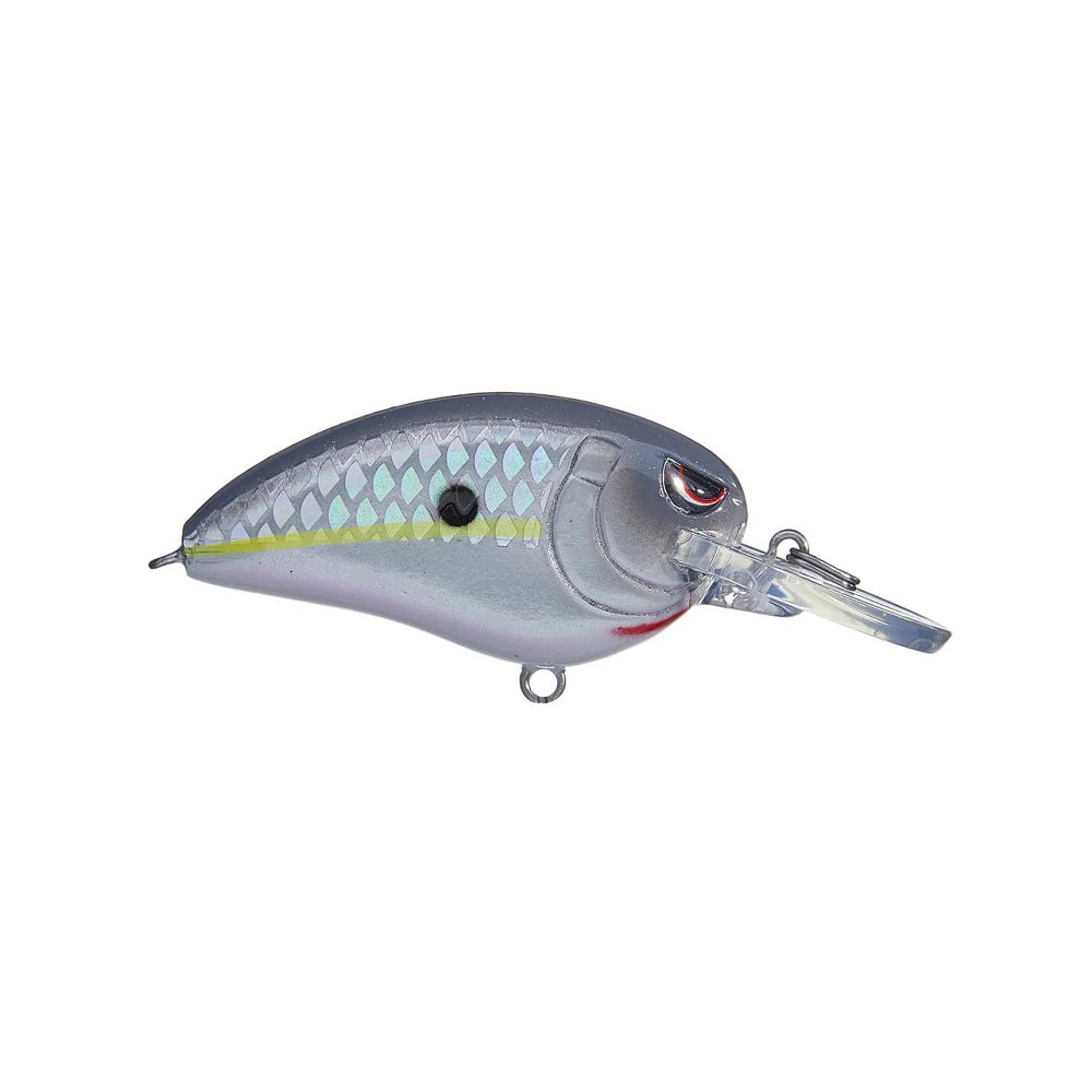 The Spro Little John MD Crankbaits by SPRO feature a fish-like design with a silver body, shiny scales, red eye, and translucent lip. Equipped with Gamakatsu treble hooks, they're ideal for attracting fish.