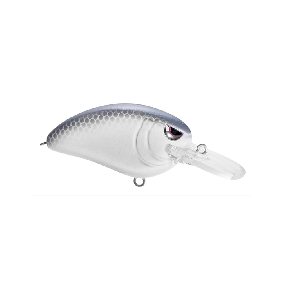 The SPRO Little John MD Crankbait, with fish-like design in gray and white, features a scaled texture, clear plastic lip for diving, and Gamakatsu treble hooks. It's an ideal medium diver crankbait for attracting fish.