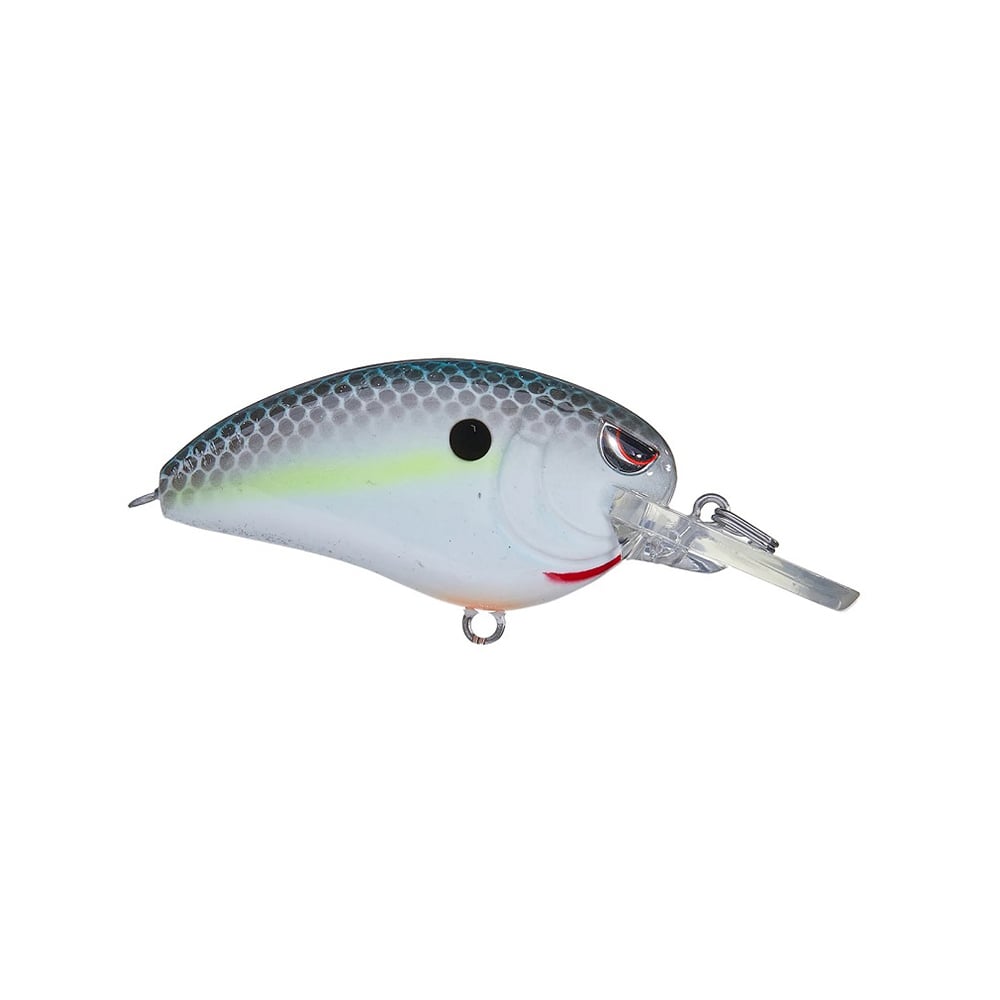 The SPRO Little John MD Crankbait has a fish-shaped body, white and green colors with black scales, red gill details, Gamakatsu treble hooks, a transparent medium diving lip, a prominent eye, and an underbelly hook attachment.