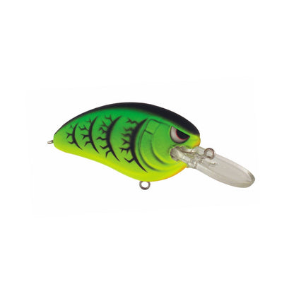 The SPRO Little John MD Crankbait is a vibrant fish-shaped lure with a green, yellow, and black design. It features a clear plastic lip for diving and is equipped with sharp Gamakatsu treble hooks for optimal catch performance.