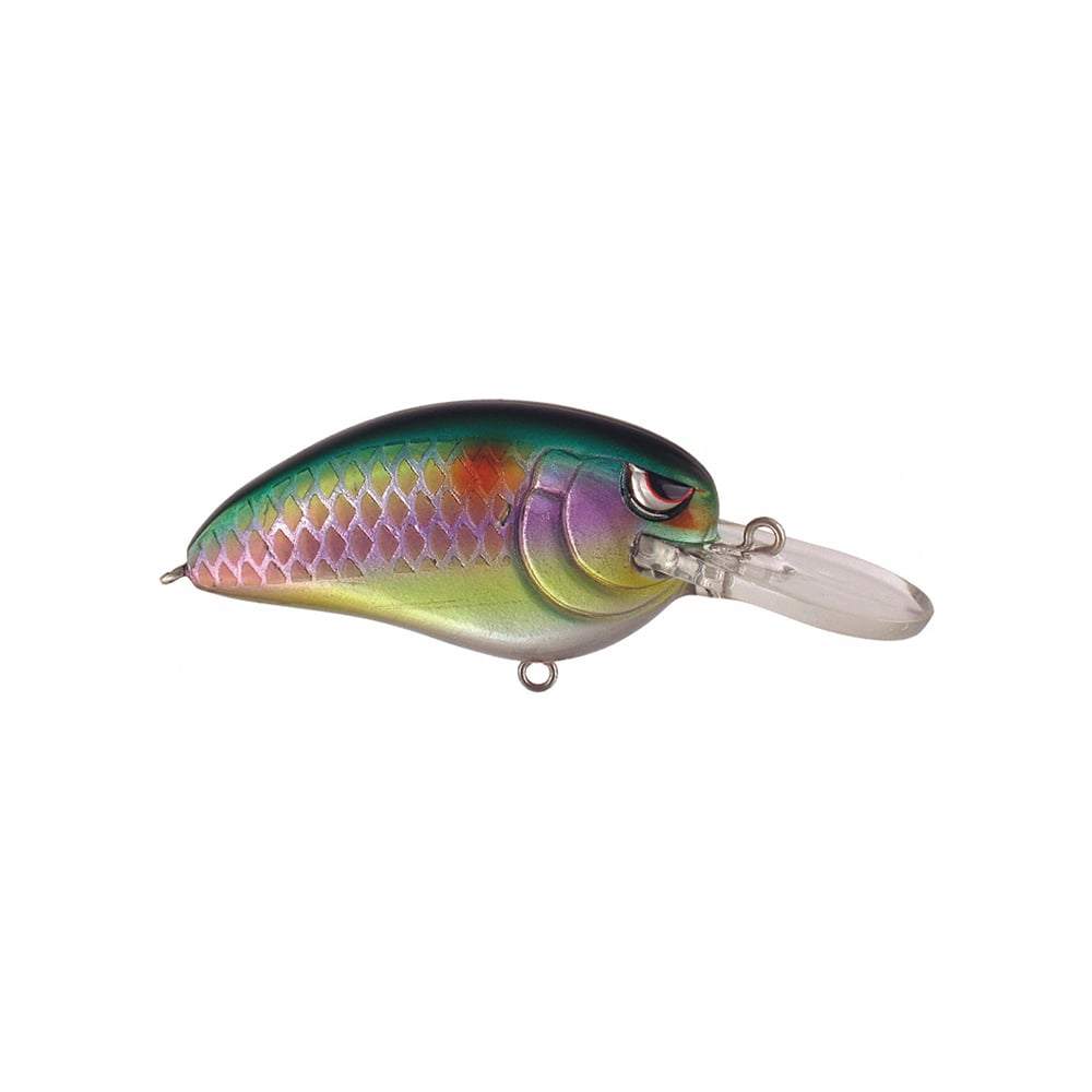 The SPRO Little John MD Crankbaits boast a fish-like shape with iridescent green, purple, and pink scales. This medium diver crankbait has a clear, curved lip for diving and comes equipped with Gamakatsu treble hooks attached to its metal loop for a secure line attachment.