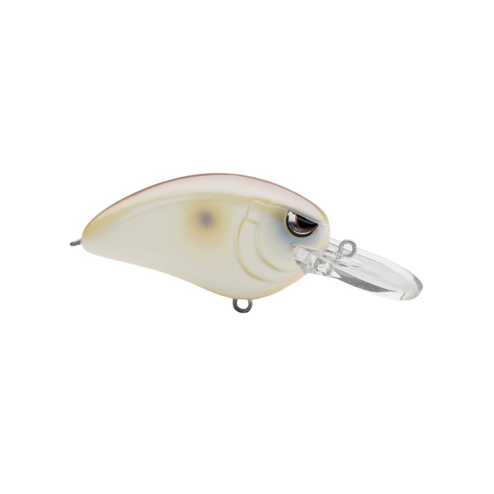 A SPRO Little John MD Crankbait in white and pale yellow, featuring a rounded body, transparent lip, dark back spot, realistic fish eyes, and Gamakatsu treble hooks.