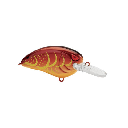 The SPRO Little John MD Crankbait features a red and orange curved body with a clear plastic lip, gold fish scale accents, and swirls. It is equipped with sharp Gamakatsu treble hooks for an impressive catch.