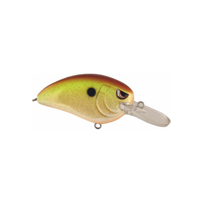 The SPRO Little John MD Crankbait features a curved fish-like design, painted in tan, brown, and green with a black dot on the side. It includes a clear plastic lip for diving and Gamakatsu treble hooks at the rear, making it ideal for fishing trips.