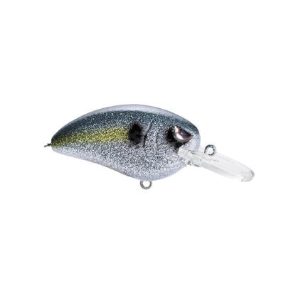 A close-up of a SPRO Little John MD Crankbait shows off its metallic silver body with gold near the tail, realistic eyes, a translucent diving lip, and sharp Gamakatsu treble hooks to mimic a small fish.